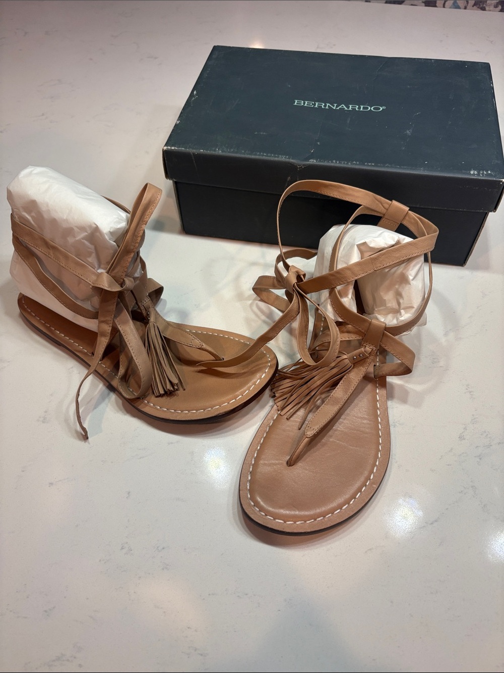 Bernardo Light Brown/Tan Leather Lace-Up Tassel Sandals